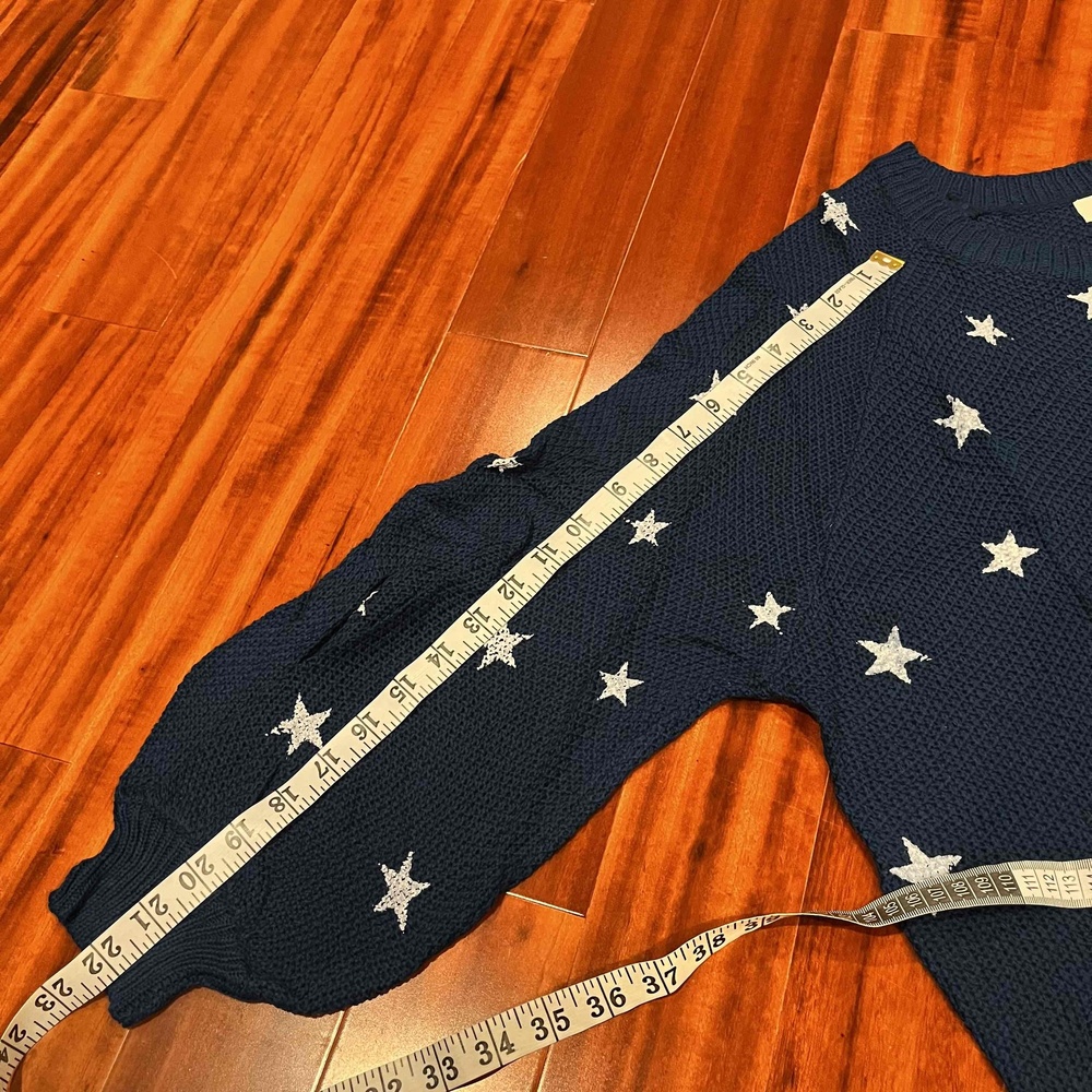 Umgee Star Print Sweater Peacock Navy Blue Long Sleeve Textured Knit New Small - Picture 7 of 8